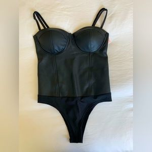 Large Aqua faux leather bustier bodysuit with removable straps.